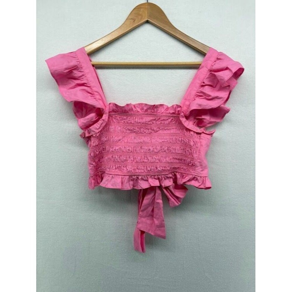 Altar'd State Whimiscal Top Smocked Cropped Ruffled Tie Back Pink Size Small
